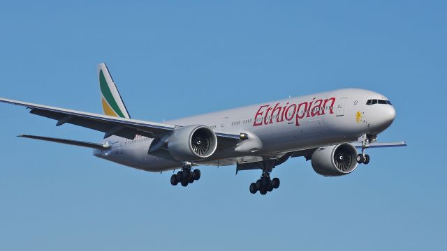 BOEING 777-300 (ET-APY) - BOE387 on final approach to Rwy 16R to complete a flight test on 1/20/14. (LN:1169 cn 42102).