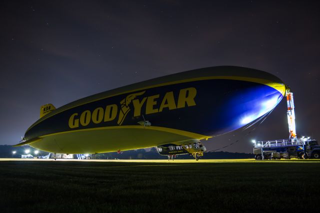 Unknown/Generic Airship (N3A) - N3A "Wingfoot Three" backlit by the hangar lights at Goodyear's Wingfoot Lake Airship Base, near Akron, Ohio.