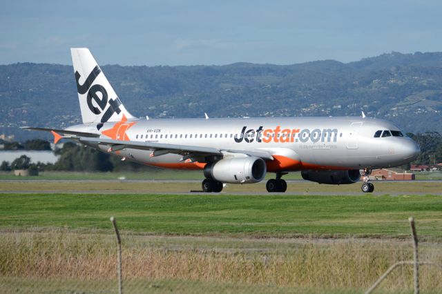 Airbus A320 (VH-VGN) - On taxiway heading for take-off on runway 05. Wednesday, 21st May 2014