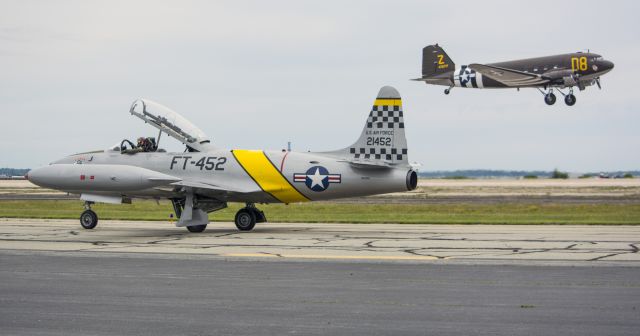 Lockheed T-33 Shooting Star (N133HH) - DC-3 N15SJ takes off over the T-33-RI Air Show 2016