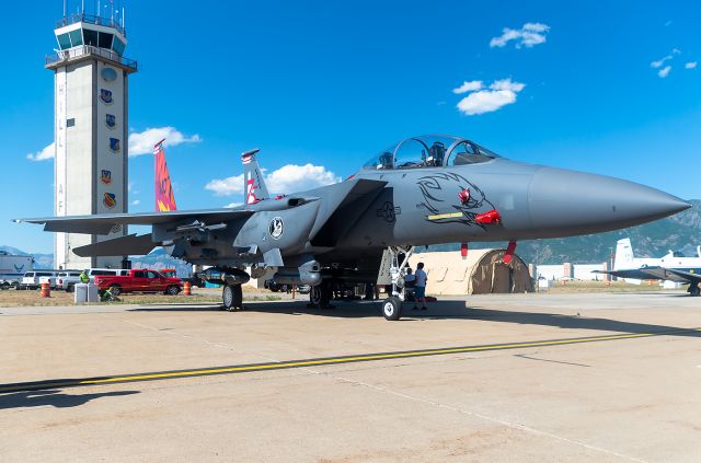 McDonnell Douglas F-15 Eagle (87-0173) - This Strike Eagle is painted to honor the 75th anniversary of Mountain Home AFB, Idaho. Opening in 1943, Mountain Home was used to train B-24 pilots. Both outside tail fins represent the two United States Squadrons that call MHAFB Home, the 391st "Bold Tigers" and 389th Thunderbolts", with the inner-right one with the logo for the 75th anniversary, and the inner-left with the Phantom Gunfighter. Full Quality photo --> https://www.airliners.net/photo/USA-Air-Force/McDonnell-Douglas-F-15E-Strike-Eagle/5412581?qsp=eJwljEEKwkAMRe/y192Uyiiz0wvowguEJNRCtUMSwVJ6d8dx93g83gZeXqGfuK9FkeFKxg90KGT0dOQNb1dD7k%2BHlI4dfLG4rLUUCj0zawkV/P3V5JdC1LktxrrsK6jdGmNI1cvkZab20KBpxr5/AdqYK94%3D