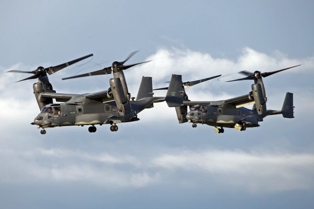 0061 — - A pair of CV-22s just off the deck at RAF Mildenhall, UK.