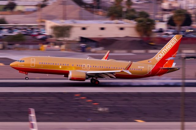 Boeing 737 MAX 8 (N871HK) - Southwest Airlines 737 MAX 8 in Herb Kelleher/Desert Gold retro livery landing at PHX on 11/15/22 after a delivery flight from Boeing Field. Taken with a Canon 850D and Tamron 70-200 G2 lens. 