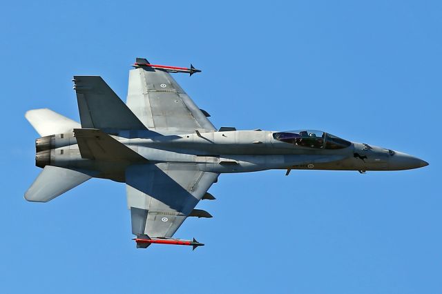 — — - Finnish AF Hornet running in from the left during its display at RIAT, Fairford, UK.