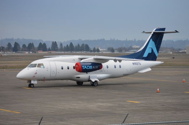 Fairchild Dornier 328JET (N192TS) - Parked on the ramp in Salem (KSLE/SLE) after arriving from Salt Lake City (KSLC/SLC) as WSN92. Excited to see this for the first time as it was unexpected. But with the COVID-19 pandemic having forced Ski Taos Valley, Inc. to suspend their services, it's not surprising to see this 328JET outside the Taos Air's regular route network.