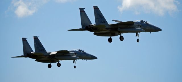 McDonnell Douglas F-15 Eagle (USNG) - Two F-15 from the 142d Fighter Wing of the Oregon Air National Guard arriving at Portland International Airport.