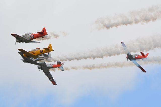 North American T-6 Texan (MULTIPLE) - T6 Harvards (aka Texan) at end of their formation display at the NZ Warbirds Open day on 22 November 2015. Peeling off to form single file formation for landing