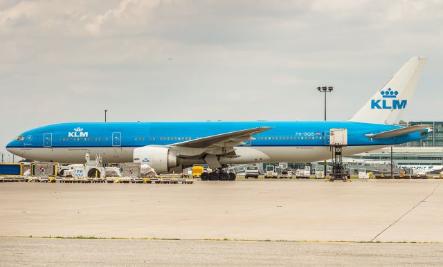 BOEING 777-200LR (PH-BQB) - KLM spends 5 hours on the ground at YYZ between missions. Here she sits at the cargo ramp before being towed back to the gate for her departure to Amsterdam.