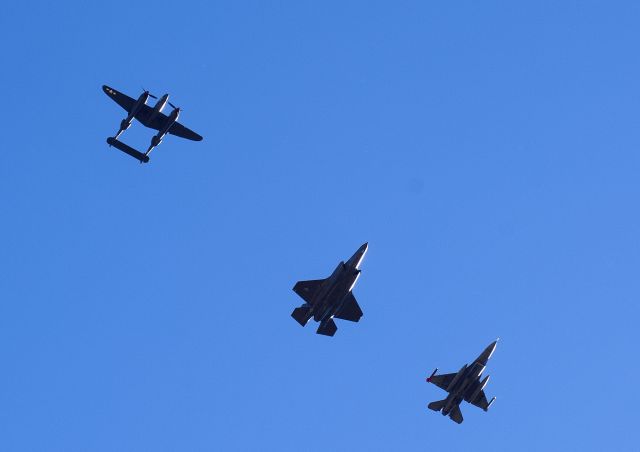 Lockheed F-35C — - From downtown Salt Lake CIty, Hill AFB practice flyover formation of Lockheed P38 Lightning, Lockheed F35 Lightning II and F-16 to mark the arrival of the F35 to Hill Airforce Base