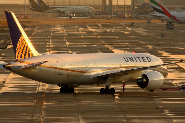 Boeing 787-8 (N26910) - Shining in the sunset after the rain.