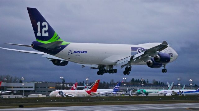 BOEING 747-8 (N770BA) - Painted to honor the Seattle Seahawks football team and their fans, BOE12 on final to Rwy 16R on 1/30/14. (LN:1437 cn 37564).