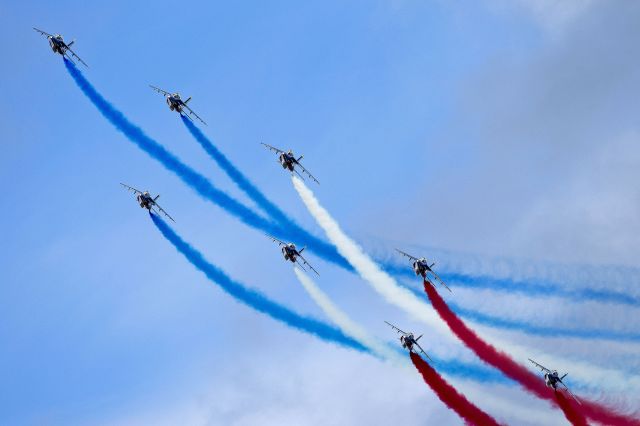 — — - Pautrout de France Alpha Jets over St Helier, Jeresey Channel Islands UK Sep 2012. This is the worlds oldest aerobatic team (since 1931)