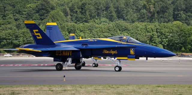 McDonnell Douglas FA-18 Hornet — - Blue Angel 5 taxis past the Museum of Flight following Thursday practice for Seafair.