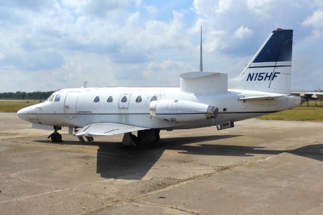 North American Sabreliner (N15HF) - 1970 Build NA-265 Sabreliner fitted with some kind of special antenna and "Experimental" titles on fuselage, as seen in the rust corner of YIP on 06-24-20