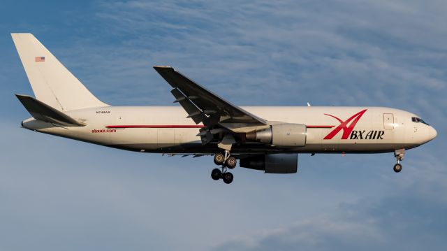 BOEING 767-200 (N749AX) - ABX Air 3116 Heavy on short final for Wilmington after a flight from Charlotte, North Carolina.