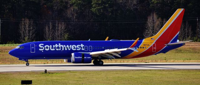 Boeing 737 MAX 8 (N8712L) - The real reason why I got out so late in the evening - finally caught the MAX coming in on 23R in the daytime! From the RDU observation deck, 3/31/18.