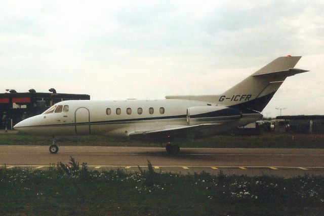 Hawker 800 (G-ICFR) - Taxiing for departure in Jul-96.br /br /Reregistered G-OURA 28-Nov-02,br /transferred to Germany 1-Feb-05 as D-CLBC,br /reregistered N65GD 25-Jul-09,br /exported to South Africa 30-Oct-09 as ZS-PAR,br /reregistered M-SITM 19-Oct-12,br /then N80BF 18-Apr-14.br /Registration cancelled 3-Dec-15.