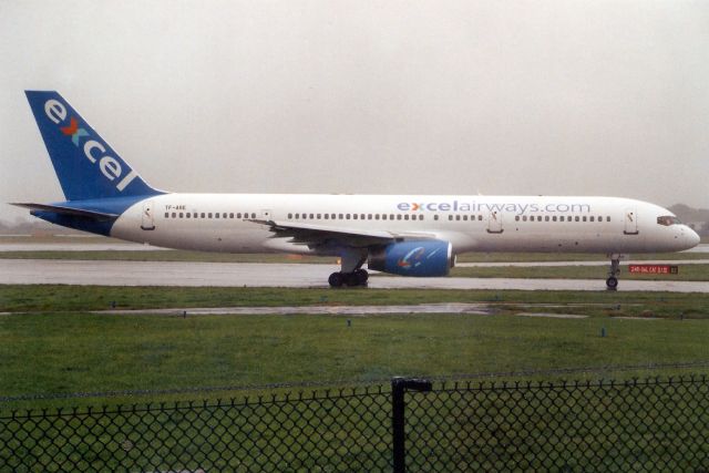 Boeing 757-200 (TF-ARE) - Taxiing to depart rwy 06L in Aug-04.  Reregistered G-VKNC 28-Mar-06 then N315ST, PR-LGI, A9C-DHD and back to N315ST in storage at MROC.