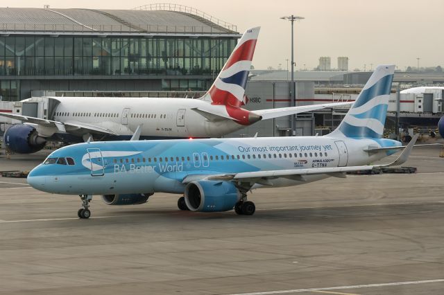 Airbus A320neo (G-TTNA) - 21st March, 2024: 'Better World" livery taxiing out for departure from rwy 09L as BA 812 to Copenhagen as her first flight of the day.