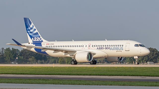 Airbus A220-300 (C-FFDO) - July 23, 2018, Oshkosh, WI -- This Airbus A220-300 model is departing off runway 18, after exhibiting during the EAA AirVenture 2018. Uploaded in low-resolution. Full resolution is available at cowman615 at Gmail dot com. cowman615@gmail.com