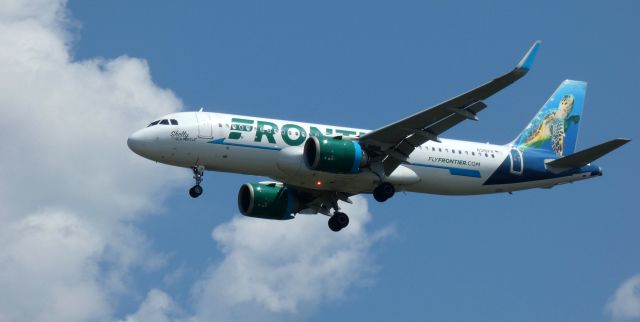 Airbus A320neo (N316FR) - On short final is this 2017 Frontier Airlines Airbus 320-251N with "Shelly" the Sea Turtle enjoying the tail section in the Summer of 2023.