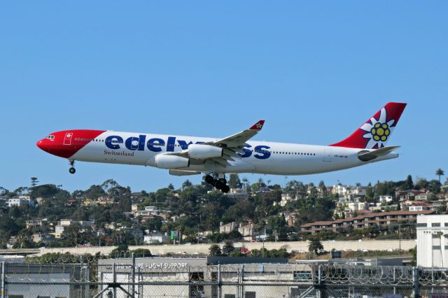 Airbus A340-300 (HB-JMF) - Inaugural EDW18 Zurich to San Diego on final approach. This is now the highest passenger aircraft (>310 seats) serving San Diego until the British Airways 747-400 returns for the Winter season.