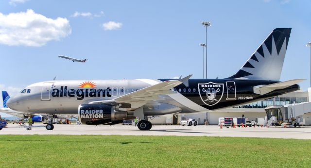 Airbus A319 (N328NV) - 4/30/2023.  The Raiders Allegiant A319 visiting GSP on a beautiful day!