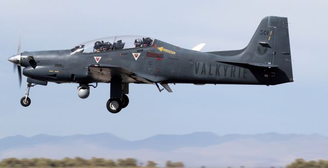 Embraer A-27 Tucano (N501VK) - Valkyrie Aero's N501VK (ex French Armee de l'Air et d'Espace - French Air Force reg 312-UT), an Embraer EMB-312F Tucano, about to land on 31L at NAS Fallon.