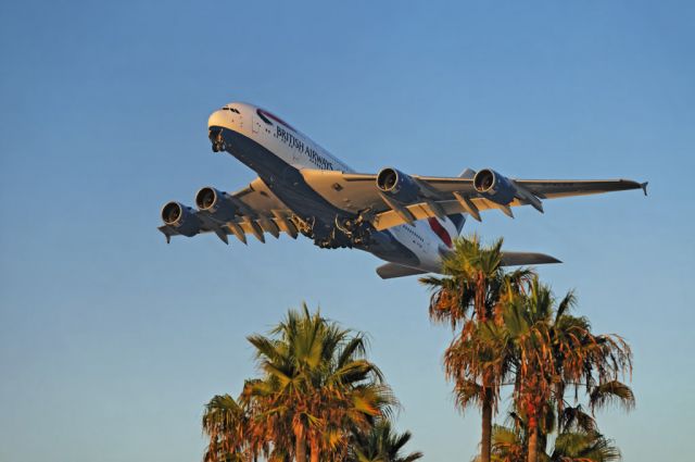 G-XLEB — - A British Airways operated Airbus A380-841 superjumbo jet takes to the skies as the sun sets, after liftoff from the Los Angeles International Airport, LAX, in Westchester, Los Angeles, California