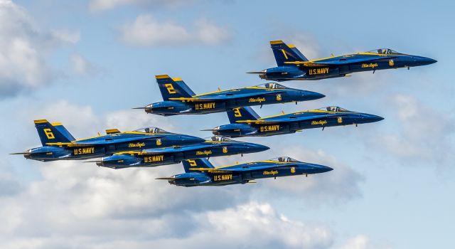 McDonnell Douglas FA-18 Hornet (18-3708) - Group shot of the US Navy Blue Angels during their performance at the New York Airshow 2019