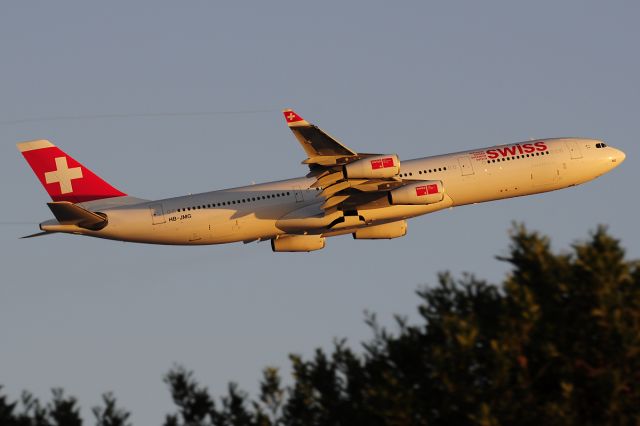 Airbus A340-300 (HB-JMG) - 24L take off, sunset light.