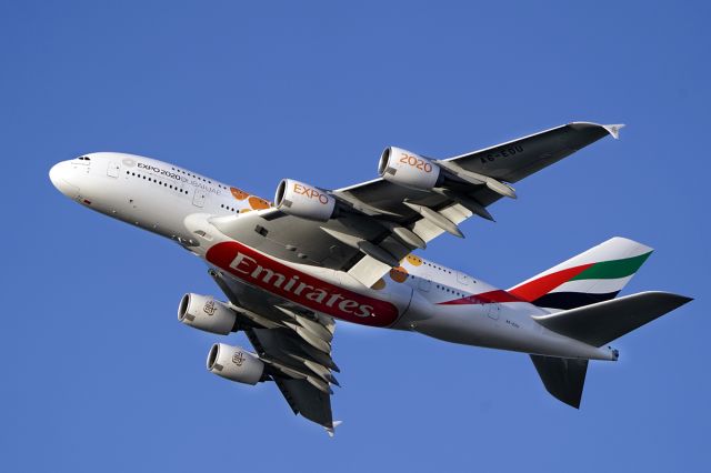 Airbus A380-800 (A6-EOU) - after take off in DUS/EDDL, 27. Nov 2021, with Expo livery