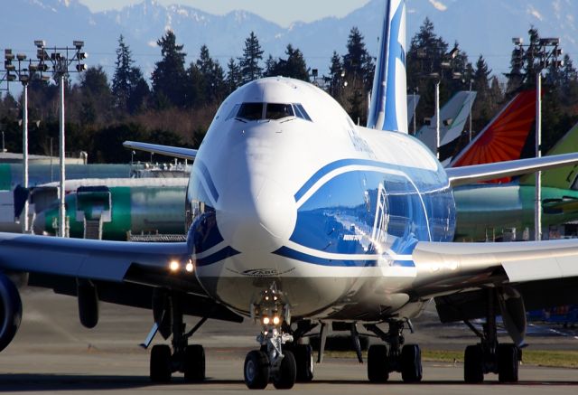 Boeing 747-200 (VQ-BRH) - AirBridgeCargo 747-8F VQ-BRH departing Paine Field on a test flight January 16, 2013.