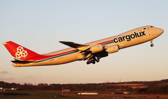 BOEING 747-8 (LX-VCD) - Lifting off from Prestwick for Luxembourg in the winter sun.21/11/12