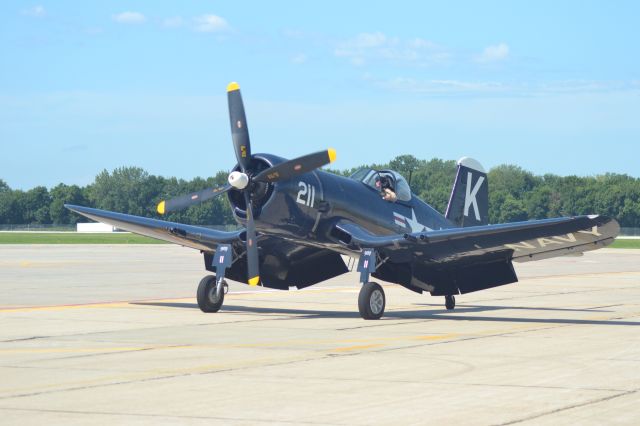 NX1337A — - A Erickson Aircraft Collection Vought F4U taxiing back to tarmac after flying during the Sioux Falls Airshow 2019