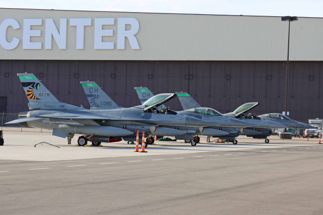 Lockheed F-16 Fighting Falcon (89-2098) - Four USAF Lockheed F-16CM’s prepping for departure from KCLE for Toledo Express Airport (KTOL), home of the 180th Fighter Wing and the 112th Fighter Squadron (Stingers) on 7 Apr 2018. The flight of four performed a flyover for the Cleveland Indians home opener the day before (6 Apr 2018). Pictured nearest to farthest are 89-2098, 89-2085, 90-0704, and 89-2082.