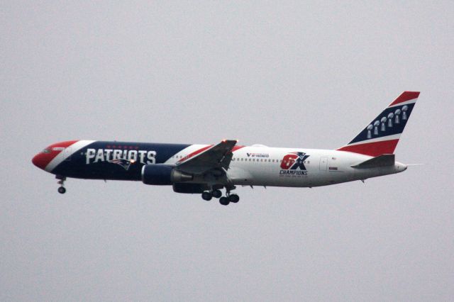 BOEING 767-300 (N36NE) - The New England Patriots B767-300 arrival to Boston Logan on 2/27/21 as flight EAL9001 from PVD. The plane would depart for Shannon approximately an hour later. 