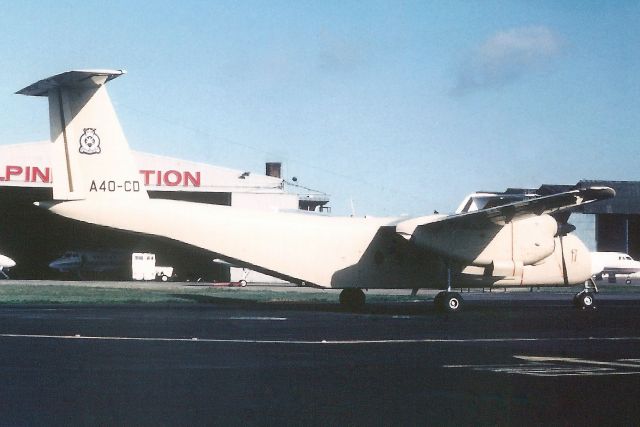 De Havilland Canada DHC-5 Buffalo (A4O-CD) - Seen here in Sep-82.br /br /With Oman Police Air Wing from May-78 to Dec-98 when it became 5Y-OPL for Trident Aviation.br /Substantially damaged 29-Sep-08 on landing at HKLK.