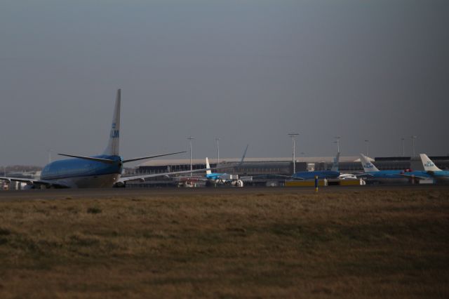 — — - KLM planes at Schiphol Amsterdam Airport.