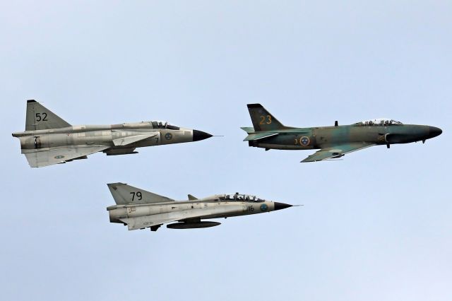 VALMET Draken (SE-DXP) - Team of three SAABs operated by Swedish Air Force Historic Flight. Photo taken on September 18, 2021 at NATO Days in Ostrava 2021.