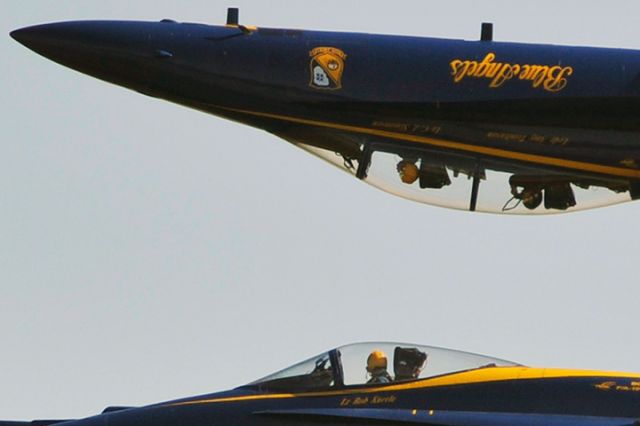 — — - A lucky photographer in the rear seat of Blue Angel #7 taking photos while inverted over Blue Angel #3 (#1 and #2 out of frame) at the practice show at Homestead Air Reserve Base, Florida on November 5, 2010.