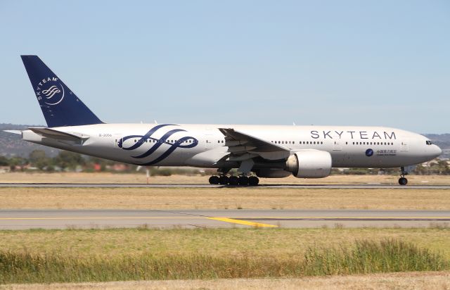 Boeing 777-200 (B-2056) - China Southern B777-200ER B-2056. CZ6018 thundering down Rwy.23 on a beautiful Adelaide afternoon. What a scheme Skyteam have.