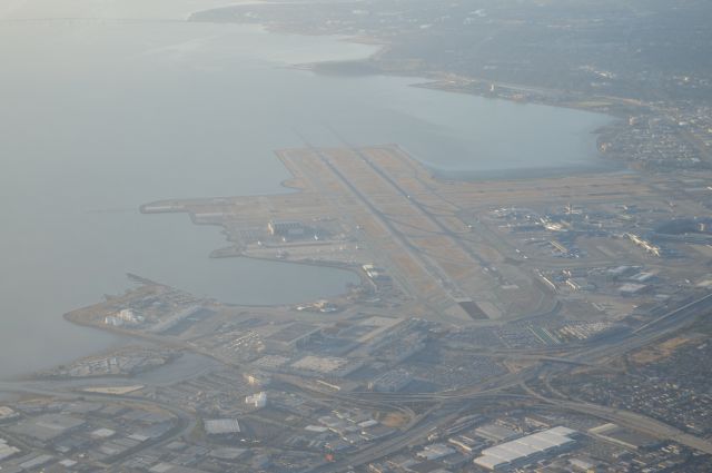 — — - View of SFO, morning takeoff to LAX