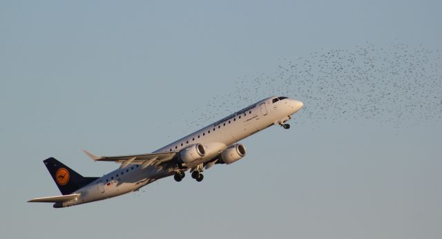 Canadair Regional Jet CRJ-900 (D-AEBC) - Embraer ERJ-190 take-off Nice airport , France , LFMN/NCE