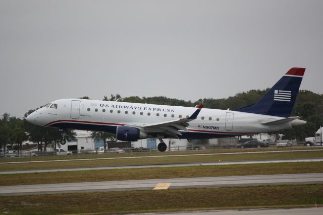 Embraer 170/175 (N807MD) - US Air Flight 3327 operated by Republic (N807MD) arrives at Sarasota-Bradenton International Airport following a flight from Reagan National Airport