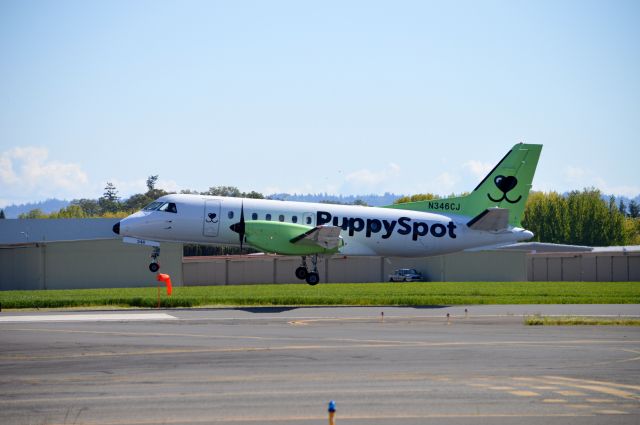 Saab 340 (N346CJ) - N346CJ arriving on 31L from Denver-Centennial (KAPA/APA) prior to the start of the 2022 "She Flies with Her Own Wings" Oregon International Air Show. Operated by Castle Aviation on the behalf of PuppySpot Aviation, LLC. Definitely a unique sighting! Previously flew under the GLO Airlines banner.