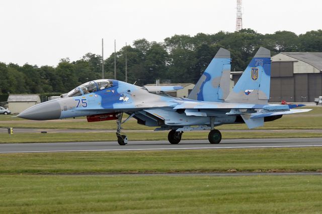 Sukhoi Su-27 Flanker — - [cn.96310418207]. Ukraine Air Force Sukhoi Su-27UB 75 Blue from 831st vabr Squadron here at RAF Fairford.