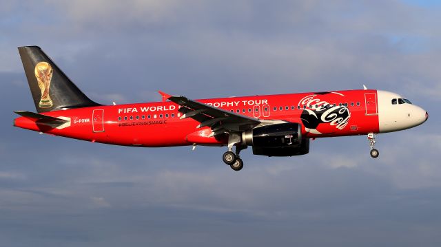 Airbus A320 (G-POWN) - In full coca cola trophy Fifa wolrd tour colors.