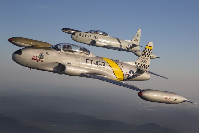 Lockheed T-33 Shooting Star (N133HH) - Acemaker II leads Acemaker I around Lake Berryessa in Northern California