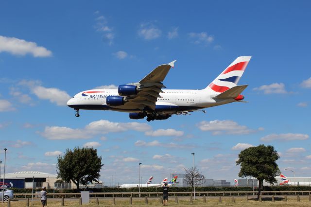 Airbus A380-800 (G-XLED) - British Airways (BA) G-XLED A380-841 [cn144]br /London Heathrow (LHR). British Airways flight BA84 arriving from Vancouver (YVR). br /Taken from Myrtle Avenue 'Gardens'. Hatton Cross (end of 27L runway)br /br /2018 08 02br /a rel=nofollow href=http://alphayankee.smugmug.com/Airlines-and-Airliners-Portfolio/Airlines/EuropeanAirlines/British-Airways-BAhttps://alphayankee.smugmug.com/Airlines-and-Airliners-Portfolio/Airlines/EuropeanAirlines/British-Airways-BA/a